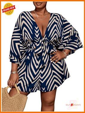 Women's Plus Size Striped V Neck Tie Front 3/4 Sleeve Romper Jumpsuit